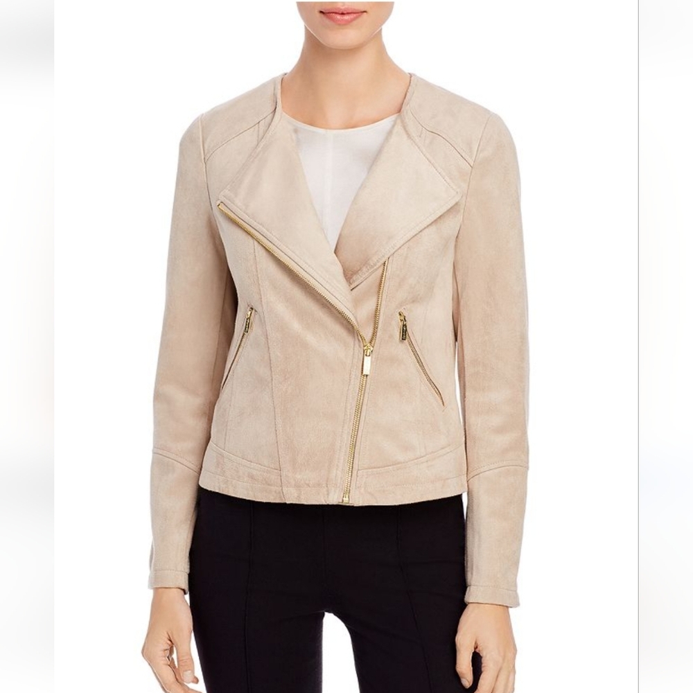 Cream Calvin Klein Suede Moto Jacket